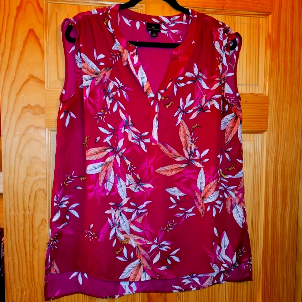 Worthington Short Sleeve Tank Top Blouse Tropical Nature V-Neck Magenta Tan LG